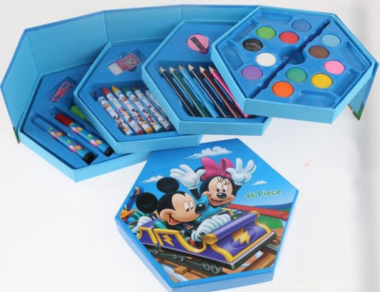 46 Pcs Disney Cartoon Painting Colour Kit for Kids – Includes Crayons, Paints, Pencils, and Stationery – Random Color Red or Blue