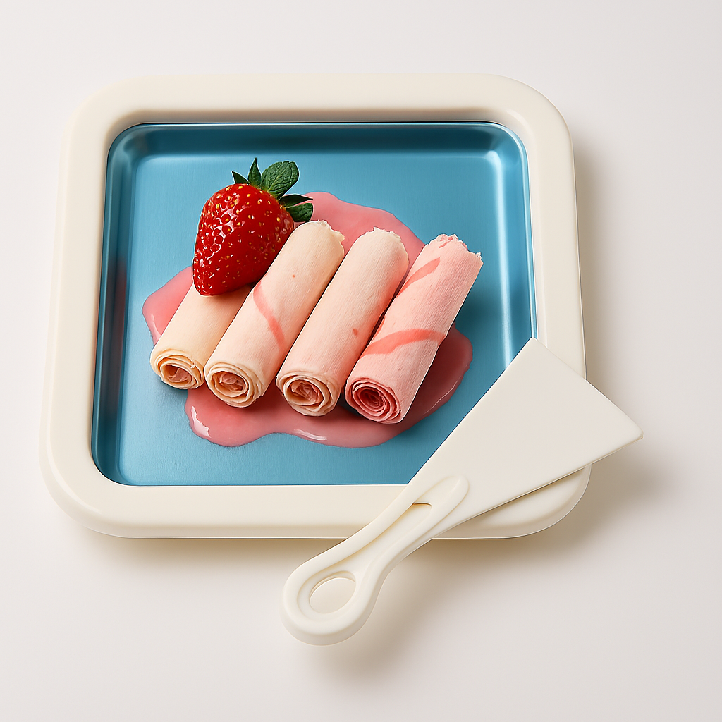 Rolled Ice Cream Maker Pan – DIY Frozen Yogurt & Dessert Plate with Scraper, 9.5 x 7.5 Inch Non-Stick Cooling Plate