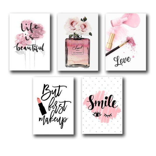 Set of 5 Makeup-Themed Wall Art – Perfect for Girls' Room Decor