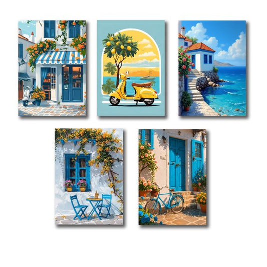 Set of 5 Italian Vintage Homes Art-Themed Wooden Wall Frames