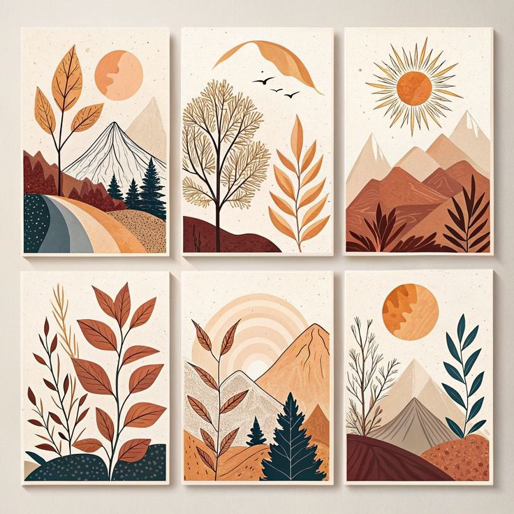 Hills Moon Sun Leaves Wooden Wall Art – 6 Piece Decorative Frame Set, 8x11 inches, easy mounting with double tape