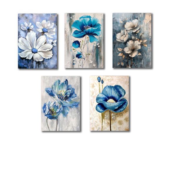 Set Of 5 Blue Flowers Wall Art Wooden Frames for Home Decor