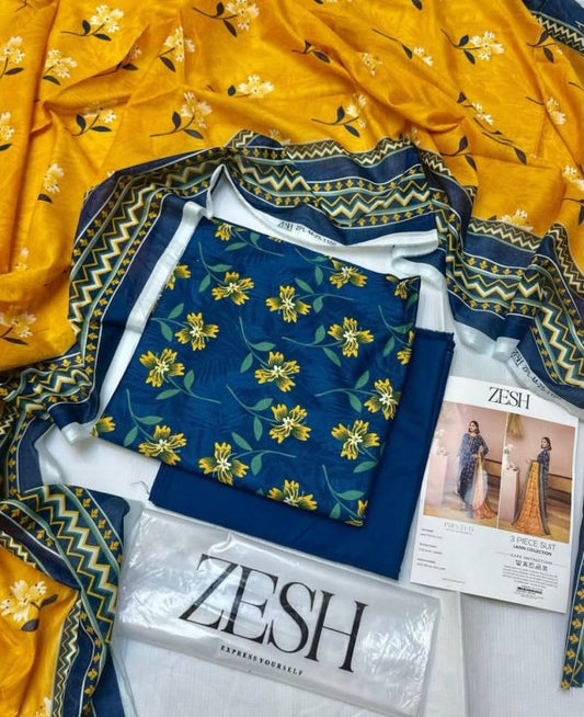 Zesh 3 Piece Unstitched Lawn Suit – Summer 2025 Drop 27 by Zaman Textile – Digital Printed Lawn Shirt, Dupatta, and Dyed Trouser
