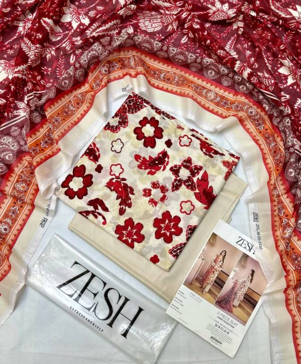 Zesh 3 Piece Unstitched Lawn Suit – Summer 2025 Drop 27 by Zaman Textile – Digital Printed Lawn Shirt, Dupatta, and Dyed Trouser

