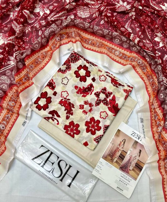 Zesh 3 Piece Unstitched Lawn Suit – Summer 2025 Drop 27 by Zaman Textile – Digital Printed Lawn Shirt, Dupatta, and Dyed Trouser

