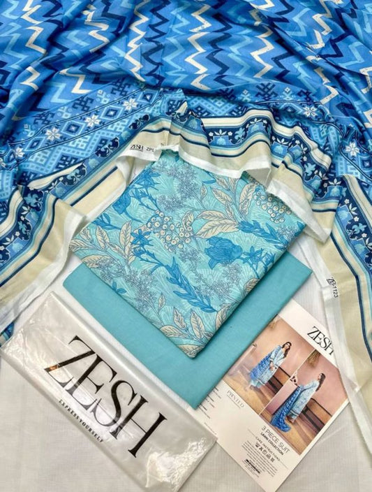 ZESH 3 Piece Unstitched Suit – Summer Lawn Collection 2025 by Zaman Textile – Digital Lawn Shirt Dupatta and Trouser
