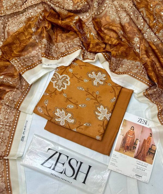 ZESH 3 Piece Unstitched Summer Lawn Suit 2025 Drop 27 – Digital Printed Lawn Shirt, Dupatta & Dyed Trouser
