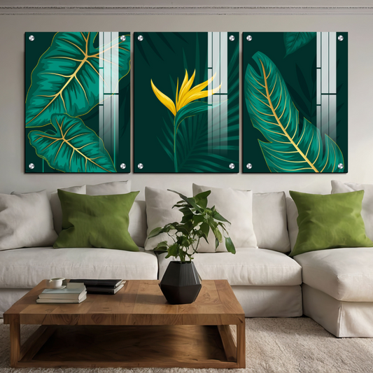 Set of 3 green flower wooden wall art frames with sticky photo tiles for home decoration
