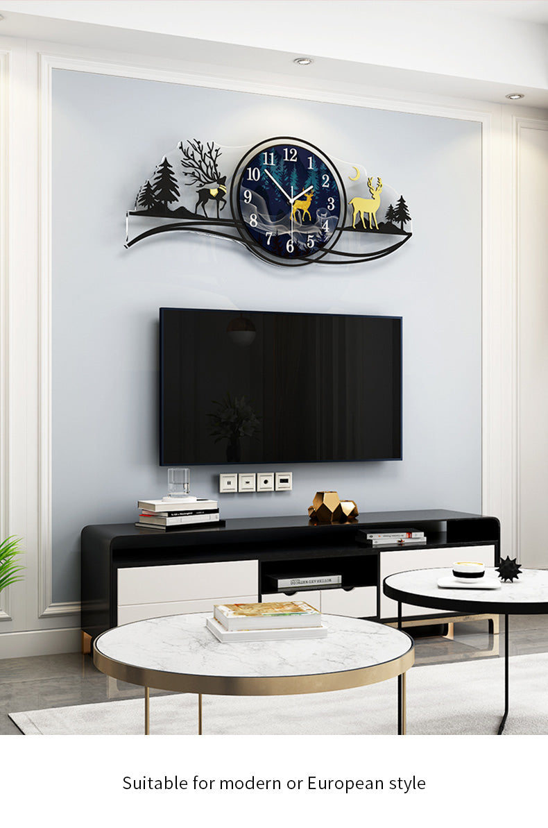 Forest Deer 3D Wooden Wall Clock with Light – 25 Inch Blue Jungle Theme for Bedroom and Living Room