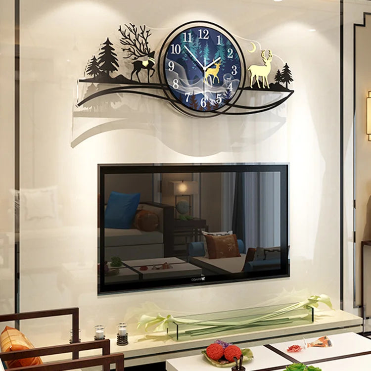 Forest Deer 3D Wooden Wall Clock with Light – 25 Inch Blue Jungle Theme for Bedroom and Living Room