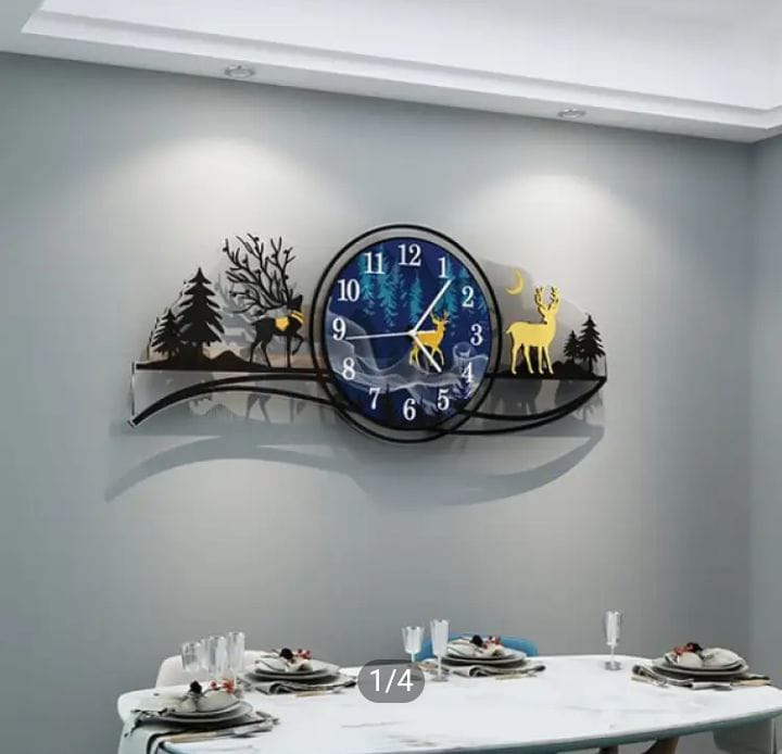 Forest Deer 3D Wooden Wall Clock with Light – 25 Inch Blue Jungle Theme for Bedroom and Living Room
