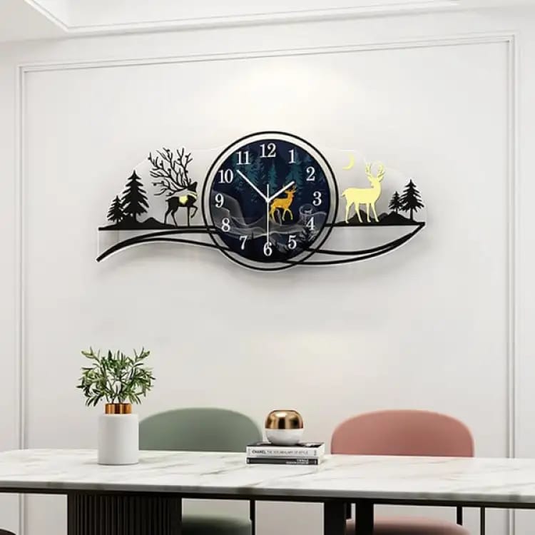 Forest Deer 3D Wooden Wall Clock with Light – 25 Inch Blue Jungle Theme for Bedroom and Living Room