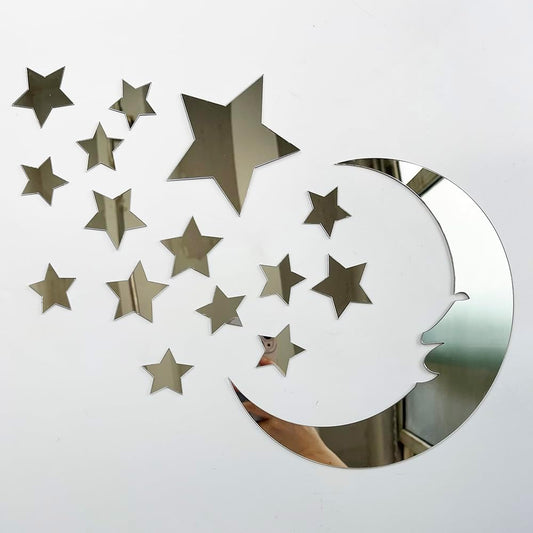 15 Stars & 1 Moon Silver Acrylic Wall Stickers