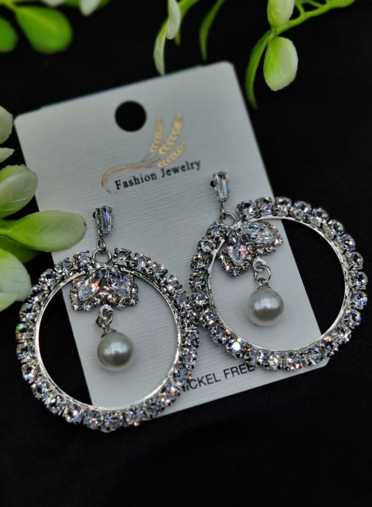 Crystal hoop earrings with leaf detail and pearl drop