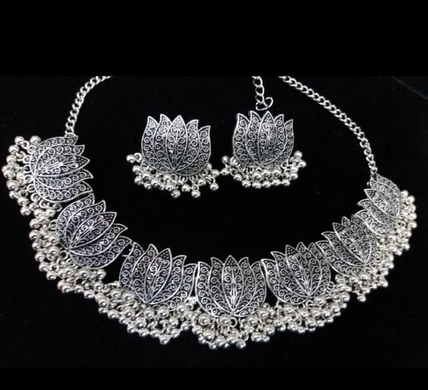 Antique Silver Afghani Flower Choker Necklace With Earrings – Ethnic Jewelry Set For Women and Girls