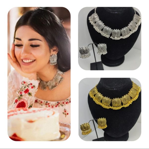 Antique Silver Afghani Flower Choker Necklace With Earrings – Ethnic Jewelry Set For Women and Girls