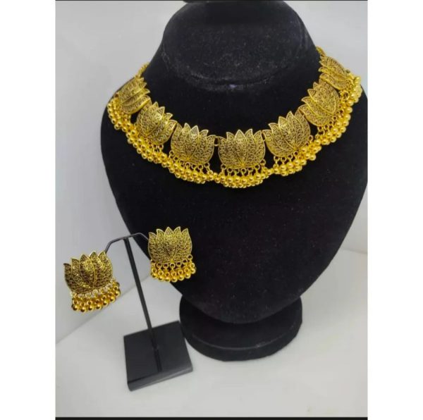 Antique Silver Afghani Flower Choker Necklace With Earrings – Ethnic Jewelry Set For Women and Girls