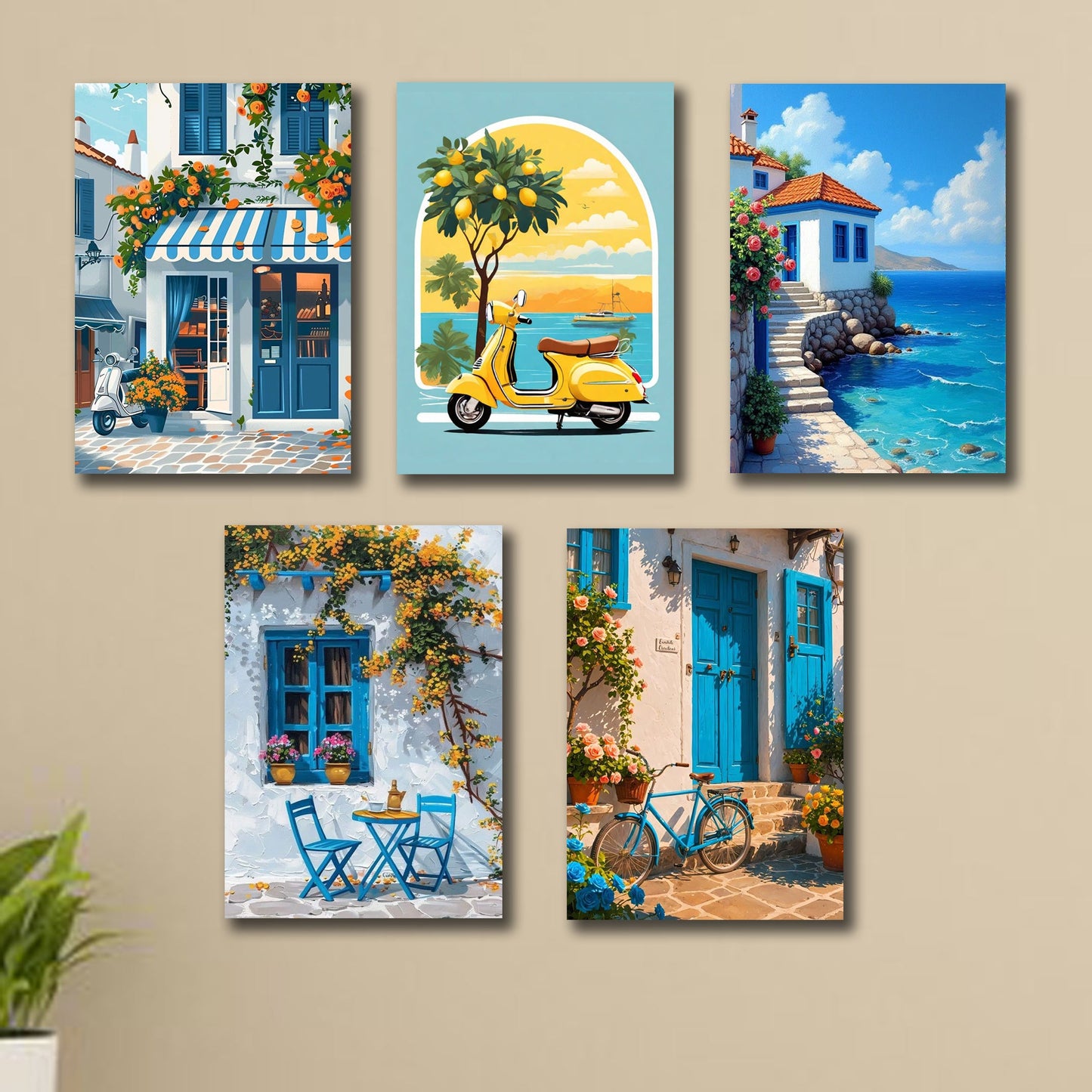 Set of 5 Italian Vintage Homes Art-Themed Wooden Wall Frames