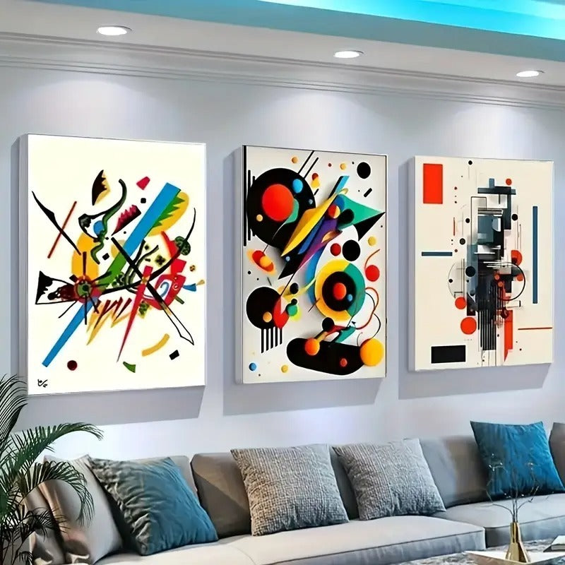 Abstract Geometry 3-Piece Modern Wall Art Set – Bold Shapes & Color Play – 8x11 Inch Wooden Sticky Frames