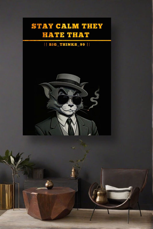 “Stay Calm They Hate That” framed wall art – Stylized cat portrait in suit with bold motivational quote, 12x16 inch