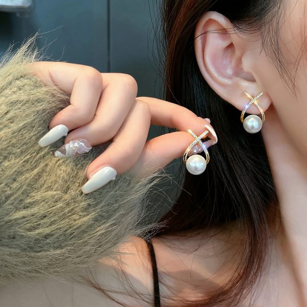 Elegant Golden Cross Pearl Zircon Stud Earrings – Artificial Fashion Jewelry for Women in Pakistan