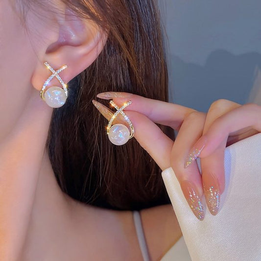 Elegant Golden Cross Pearl Zircon Stud Earrings – Artificial Fashion Jewelry for Women in Pakistan