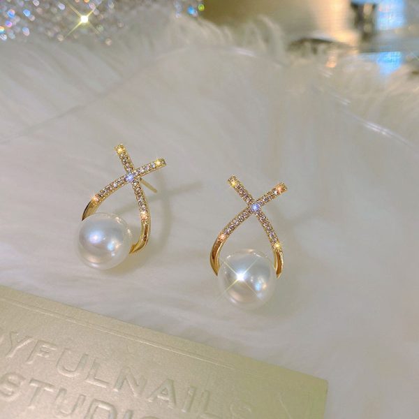 Elegant Golden Cross Pearl Zircon Stud Earrings – Artificial Fashion Jewelry for Women in Pakistan