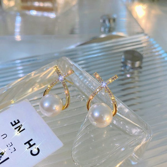 Elegant Golden Cross Pearl Zircon Stud Earrings – Artificial Fashion Jewelry for Women in Pakistan
