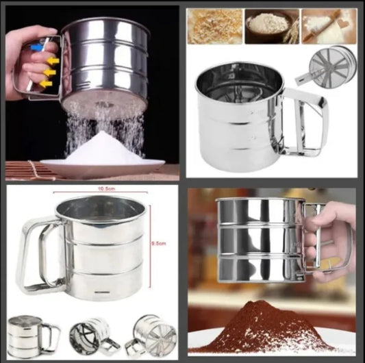 Stainless Steel Flour Sifter Cup with Double Layer Mesh and One-Hand Crank for Baking
