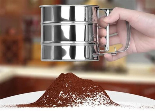 Stainless Steel Flour Sifter Cup with Double Layer Mesh and One-Hand Crank for Baking
