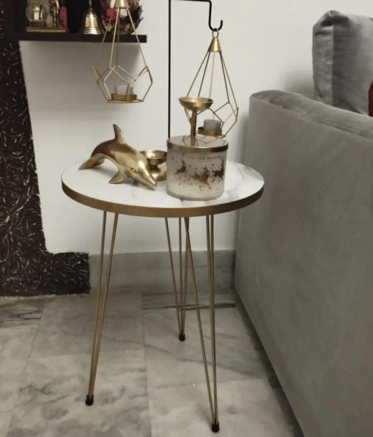 White Round Coffee Table with Gold Metal Legs – Wooden Modern Table for Living Room, Office, or Bedroom
