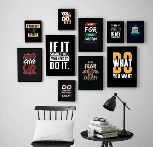10-piece motivational wall art set yellow and black wooden sticky phototile frames