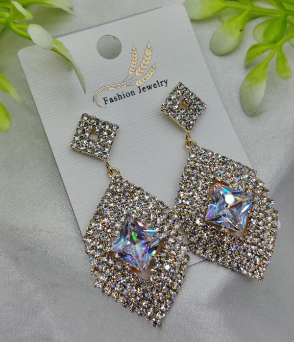 Gold geometric crystal drop earrings – nickel‑free, square‑cut centerpiece for women