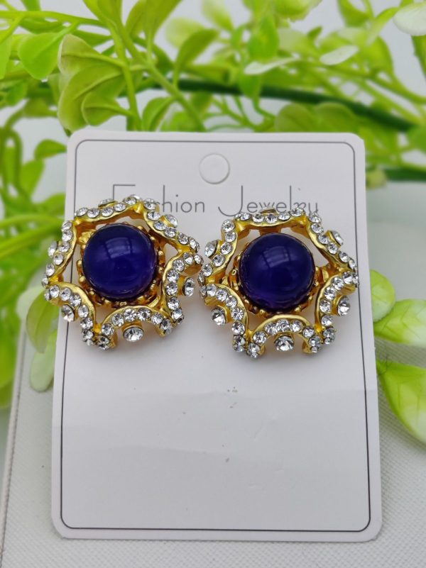 Dual-Toned Rhinestone Stud Earrings in Royal Purple and Ruby Red – Elegant Gold Base Jewelry for Girls and Women