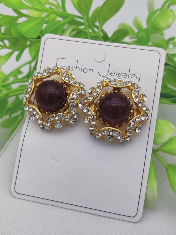 Dual-Toned Rhinestone Stud Earrings in Royal Purple and Ruby Red – Elegant Gold Base Jewelry for Girls and Women