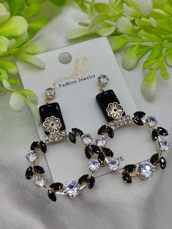 Imported Elegant Floral Hoop Earrings with Black and Crystal Accents – Lightweight Nickel-Free Earrings for Girls & Women