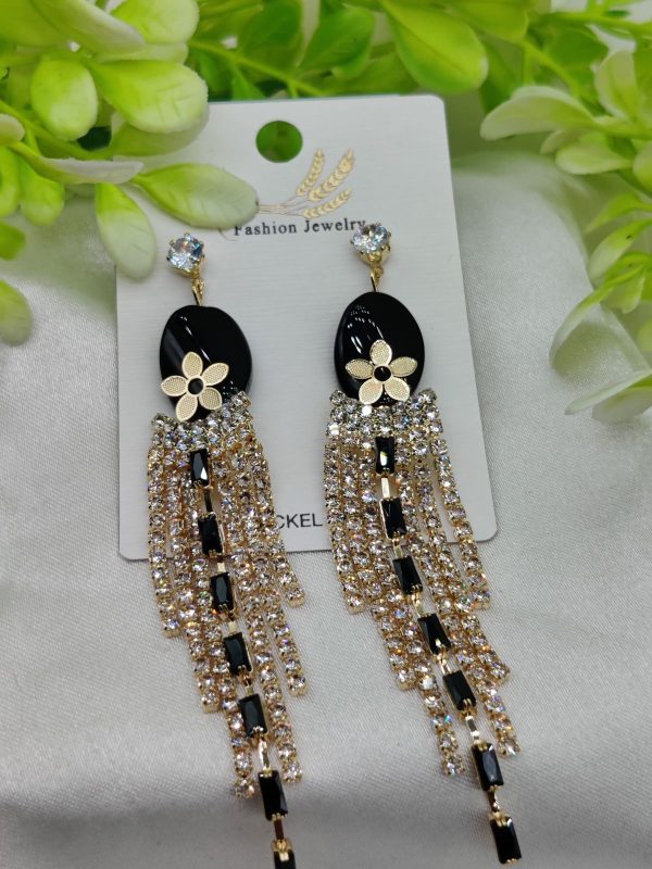 Imported Glamorous Long Tassel Earrings with Black and Crystal – Elegant Statement Earrings for Women and Girls