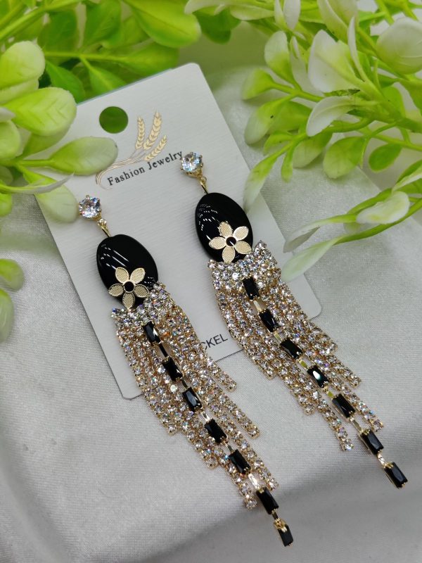 Imported Glamorous Long Tassel Earrings with Black and Crystal – Elegant Statement Earrings for Women and Girls