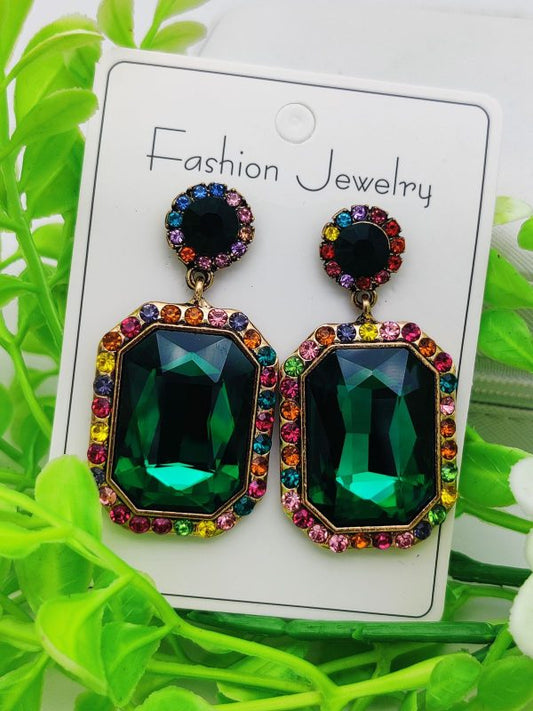 Emerald green gemstone earrings with rainbow crystal halo – luxury fashion accessory for girls and women