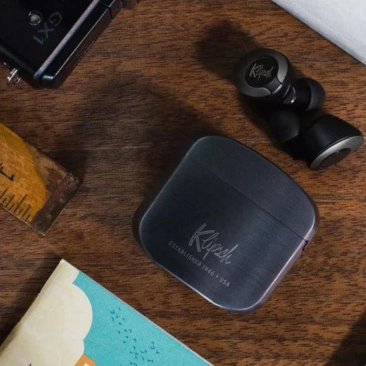 Klipsch T5 True Wireless Earphones with silver charging case and black earbuds – premium Bluetooth audio
