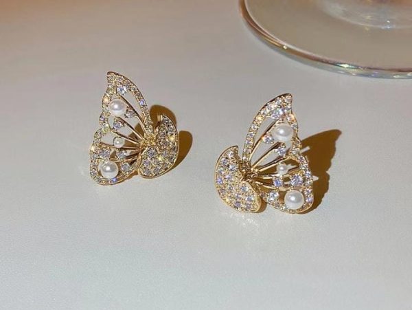 Korean Zircon & Pearl Butterfly Earrings