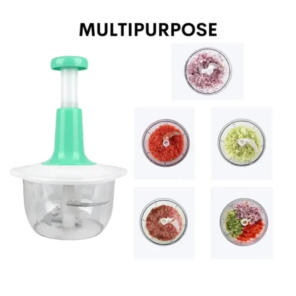 Manual Hand Push Chopper 1.5L – Vegetable and Meat Grinder with Stainless Steel Blades and Whisker, Random Color