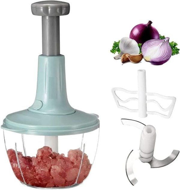 Manual Hand Push Chopper 1.5L – Vegetable and Meat Grinder with Stainless Steel Blades and Whisker, Random Color
