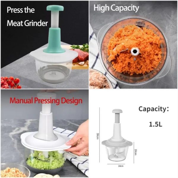 Manual Hand Push Chopper 1.5L – Vegetable and Meat Grinder with Stainless Steel Blades and Whisker, Random Color
