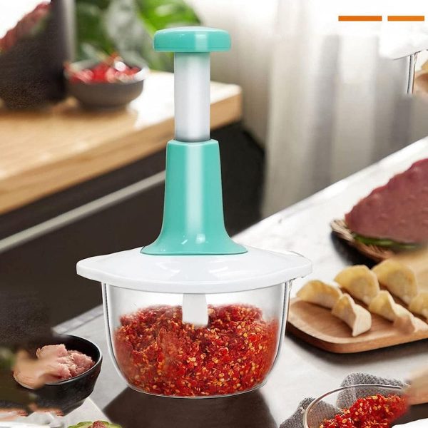 Manual Hand Push Chopper 1.5L – Vegetable and Meat Grinder with Stainless Steel Blades and Whisker, Random Color