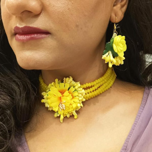 Artificial Flower Jewelry Set with Yellow Pearl Choker, Earrings & Ring – Mehndi, Mayon & Haldi Wear
