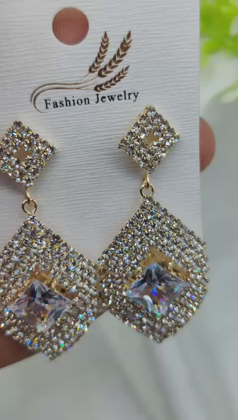 Gold geometric crystal drop earrings – nickel‑free, square‑cut centerpiece for women