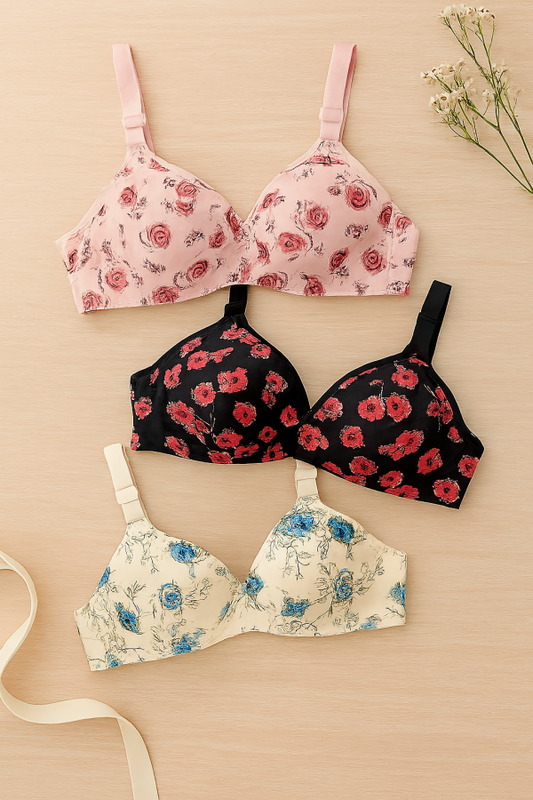 Printed Soft Cotton Padded Bra For Women - Stylish Everyday Comfortable Undergarment With Breathable Fabric (Random Color)  
