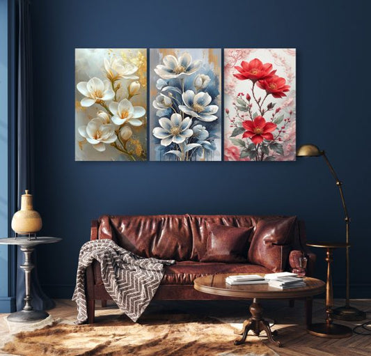 Set of 3 Flowers Art Wooden Frames Sticky Photo Tiles for Wall Decoration
