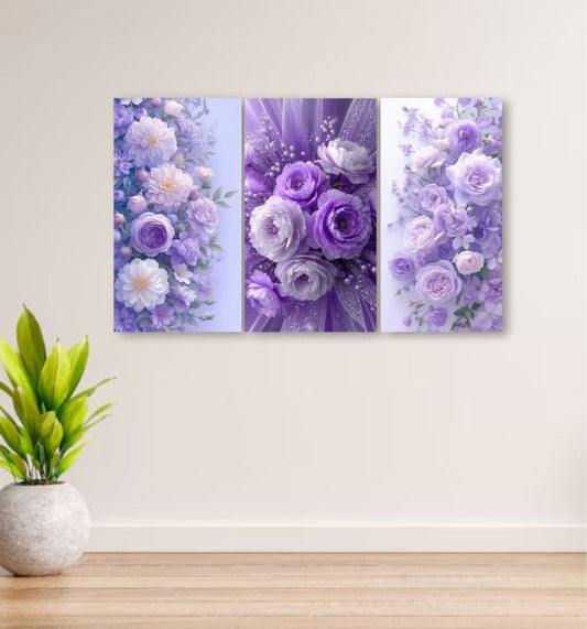 Set of 3 Flowers Art Wooden Frames Sticky Photo Tiles Wall Decoration
